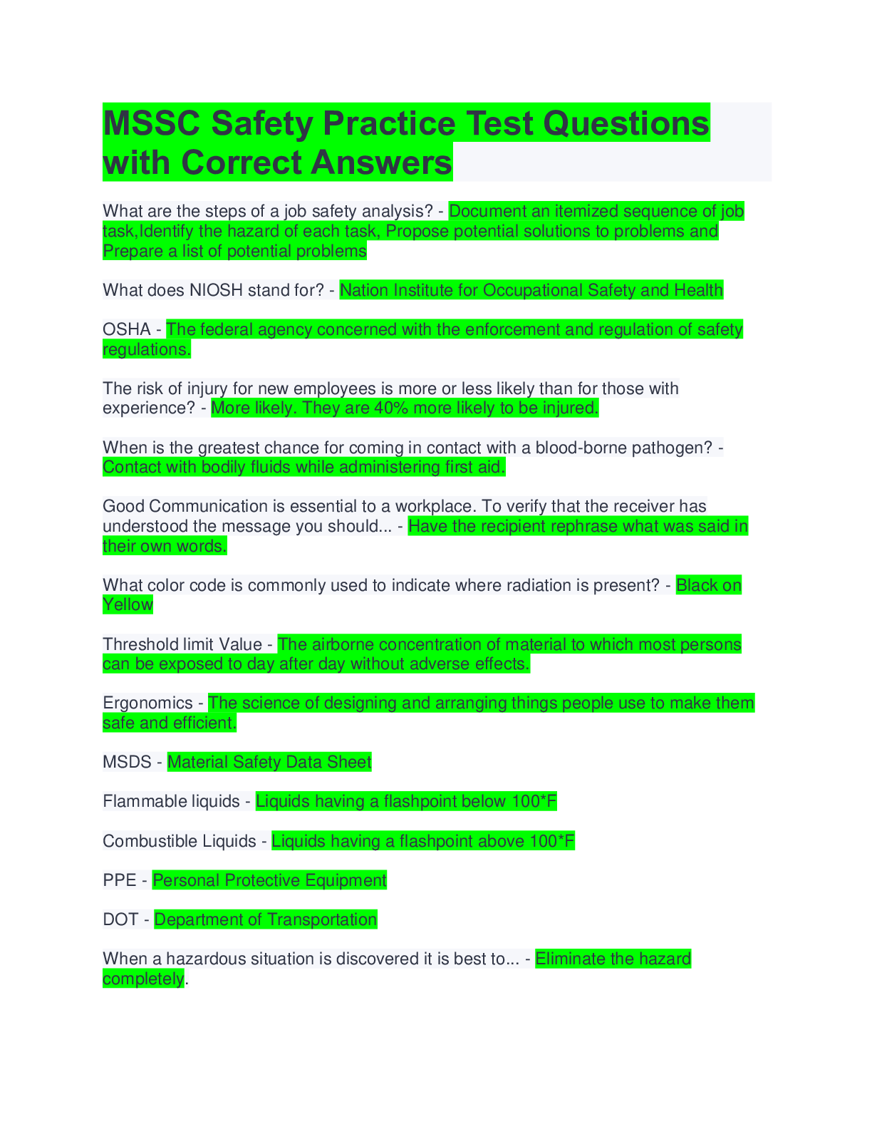 Preview image of MSSC Safety Practice Test Questions with Correct Answers document